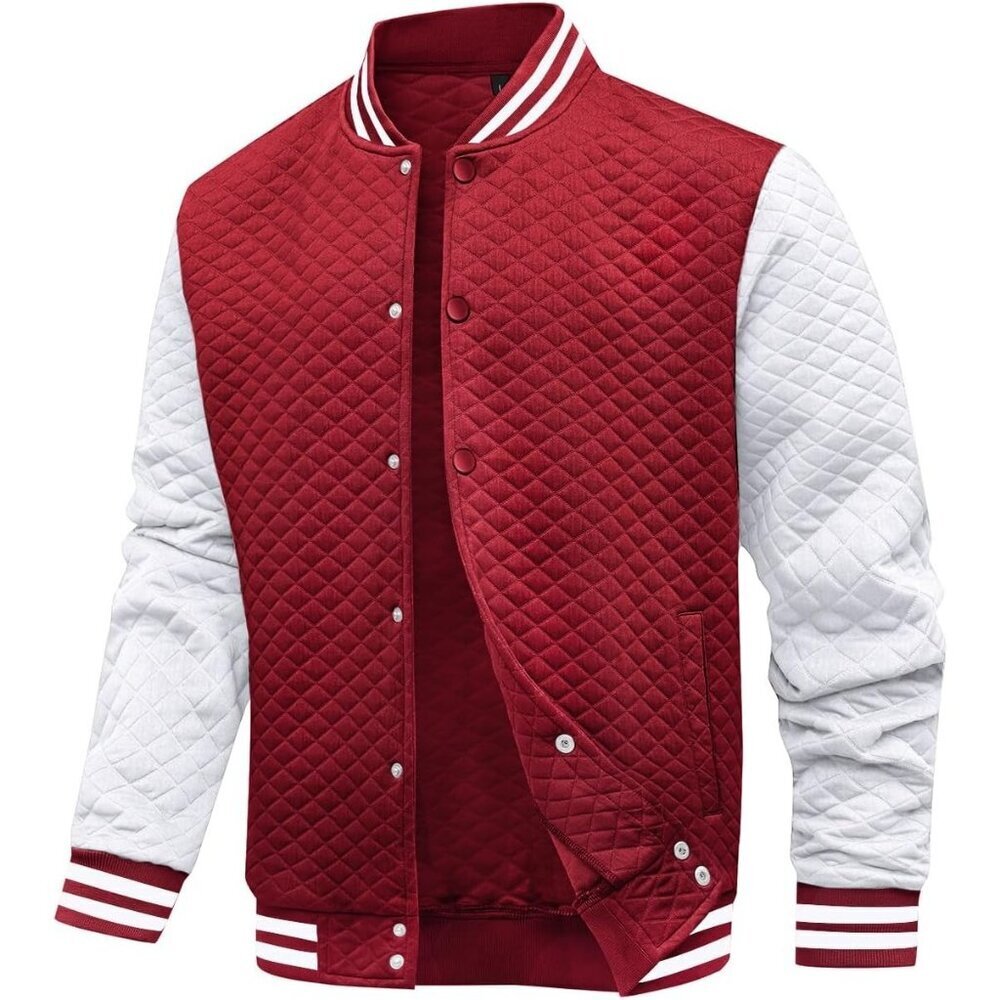 Men's Red/White Varsity Bomber Jacket Lightweight Causal Cuffs Pockets Style
